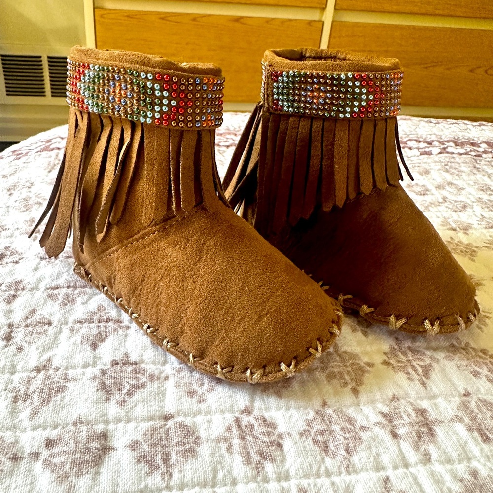 Stuart Weitzman Fringed Baby Moccasins w/ Rhinestone Details